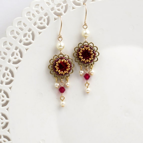 Red chandelier earrings Vintage style earrings gift for
