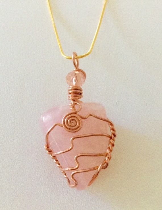 Copper wrapped Rose Quartz stone pendant necklace. Large sized