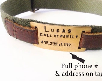 Dog Collar w/ custom brass ID tag affixed by leather on 4 color options • Elegantly natural & minimal • Safari style • flat • jingle free
