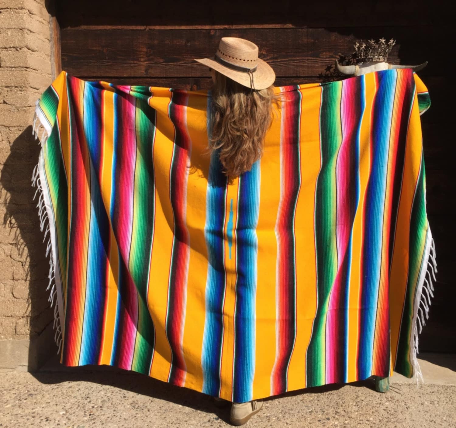 Mexican serape blanket large bright yellow add a pop of color