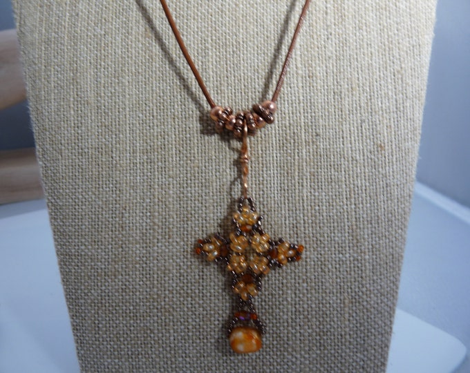 Vibrant beaded Cross/leather Necklace