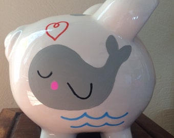 Personalized Piggy Bank with Whale and Polka Dots