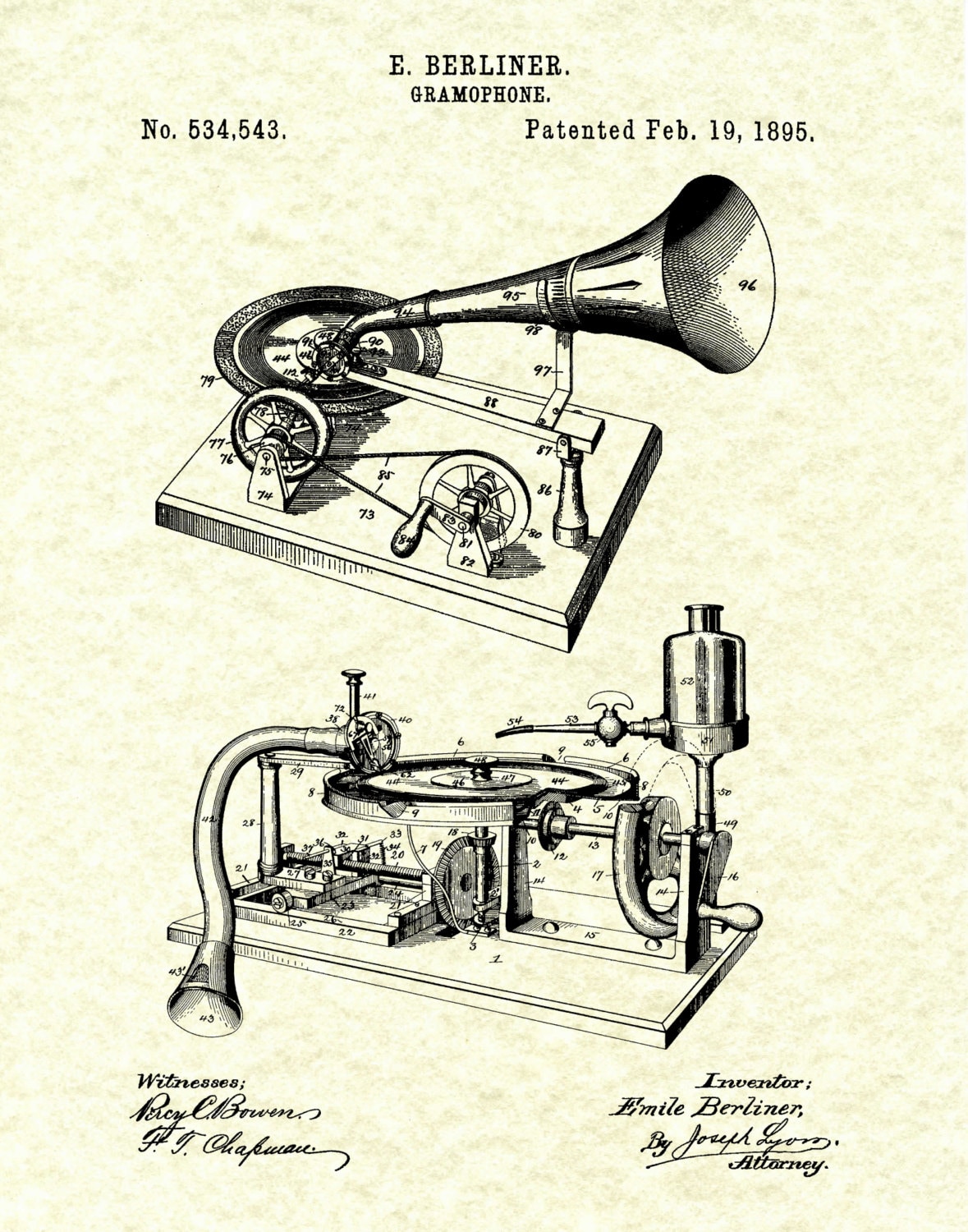 Patent 1895 Gramophone Phonograph - Art Print - Poster Print - Wall Art 