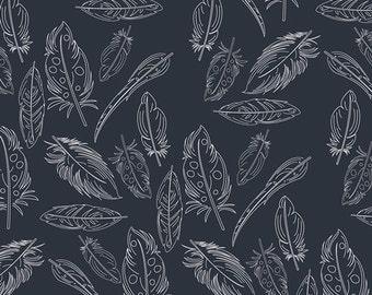 Navy Feather Fabric, Modern Cotton Fabric by the Yard, Panache Profundo, Petal and Plume, Art Gallery