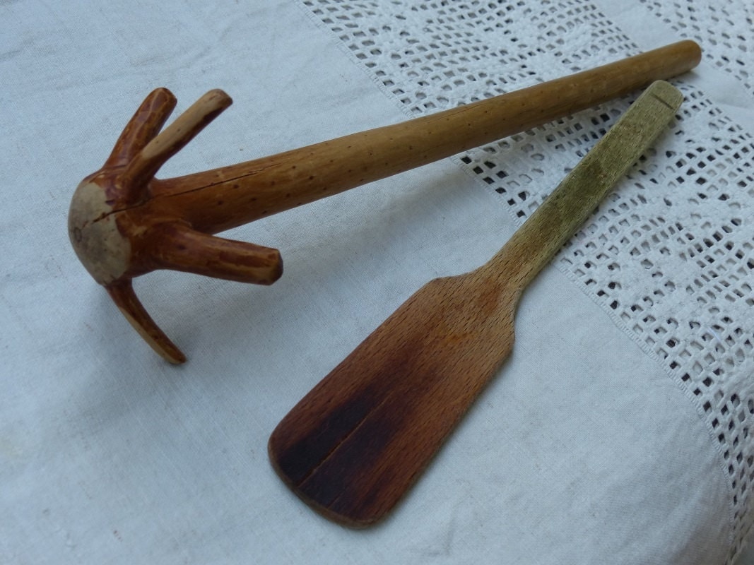 Antique wood Hand Mixer Whisker or Egg Beater & wood spatula
