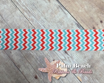 1/3/5 yd cut of 7/8" Turquoise and Red Chevron Wave Zig Zag Ribbon Dr. Suess Colors