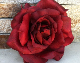 Wedding Hair Flower-Marsala Red Rose Hair Clip-Scarlet Realistic Rose Fascinator-Christmas Gift-Red Wedding-Rose Hair Piece-Classic Rose-50s
