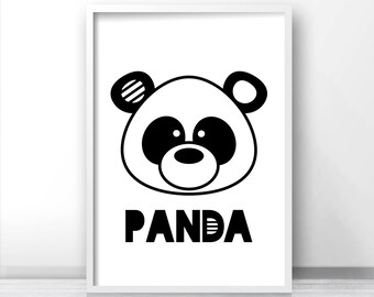 Panda Nursery Wall Art Printable, Animal Nursery Print, Panda Bear Kids Art Print, Black White Nursery Decor, Kids Print, Baby Animal Print