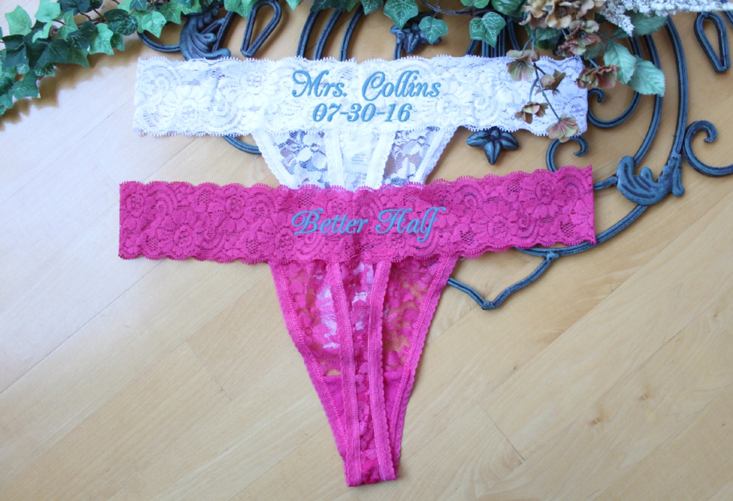 Bridal Thongs Set of Lace panties Hot Pink Mrs Wedding