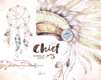 Chief Light. Native Warbonnets, Dreamcatcher and Arrow. Watercolor Clip art. Tribal, headdress, feathers, diy, quote, boho, indian, diy