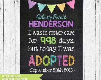 Adoption day, Adoption sign, Adopted, days in foster care, foster care sign, Adoption chalkboard, Adoption gifts, DIY edit in ADOBE READER