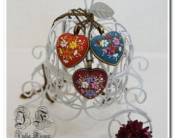 Heart Pendant Heart Necklace Embroidery necklace Floral Jewelry Feminine necklace Applique Floral Embroidery Filigree necklace Gift for her