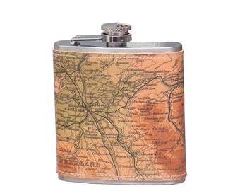 Personalised map leather hip flask