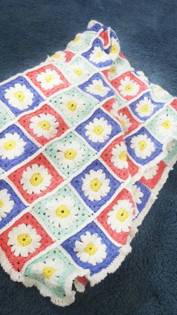 Crochet coral violet and mint green flower baby blanket and