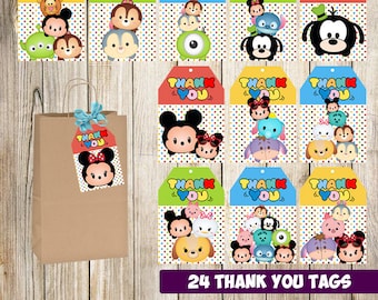 24 Tsum Tsum Thank you Tags instant download, Printable Tsum Tsum Thank you tags, Tsum Tsum Party Gift Favor Label Tag