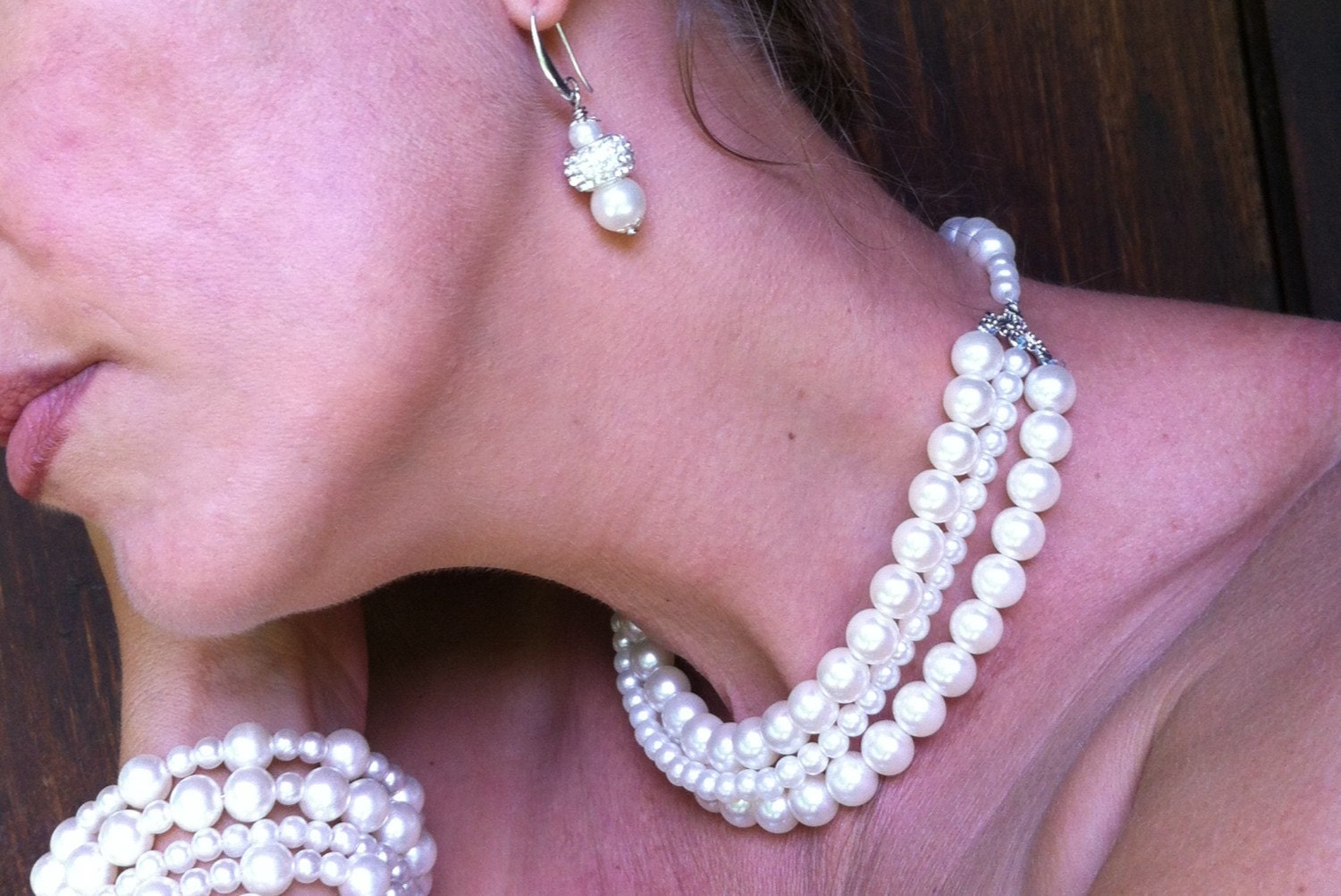 White Abs Pearls jewelry set. 3 rows Necklacechoker. 5 rows