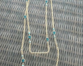 Extra Long Teal Beaded Gold Chain Necklace