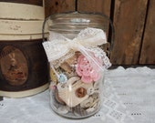 Shabby Chic Country Cottage Sewing Jar Fixins, 1940s Unmarked Hazel Atlas Jar, Vintage Lace Scraps, Old Thread Spools, Ribbon Snippets, Etc.