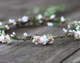 Earth Tone Wedding Flower Crown, Floral Crown, Rustic Wedding Crown, Garland Hair Wreath, Ivory Floral, Barn Wedding, Flower Girl Crown Halo