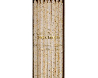 Meri Meri Tall Gold Glitter Candles - Set of 24 Large Ivory Birthday Candles Embellished with Gold Glitter