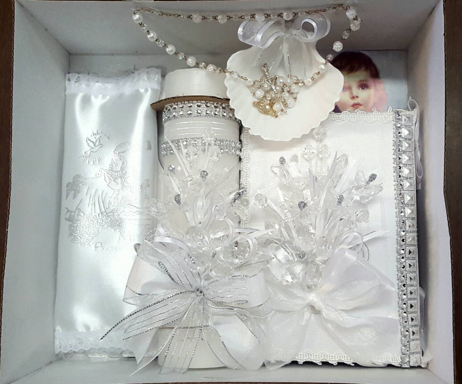 Baptism Candle Gift Set White/ Silver Details Juego De vela