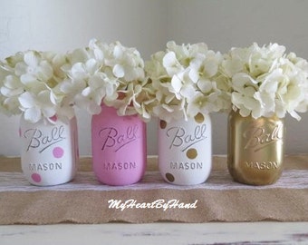Pink and Gold Mason Jar Centerpieces, Baby Shower Mason Jars, Painted Ball Jars, First Communion Centerpieces, Polka Dot Decorations, Vases
