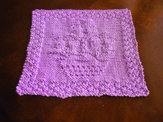 Cotton Hand Knit Purple Flowerpot Dish Cloth or Wash Cloth
