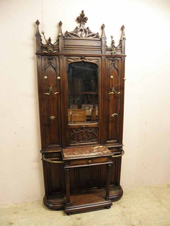 Antique French Gothic Mirrored Coat Rack for the Hall in