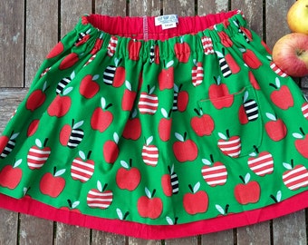 Apple print skirt, twirly green and red organic cotton cord skirt, sweet retro girls skirt, gathered waist, red cotton underskirt 3-4 years