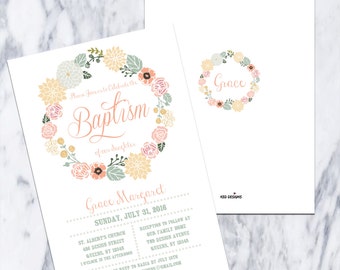 Printable-Baptism-Dedication-Christening-Invitation-Floral Wreath-Girl-White-Coral-English-Spanish-Bautismo-Custom