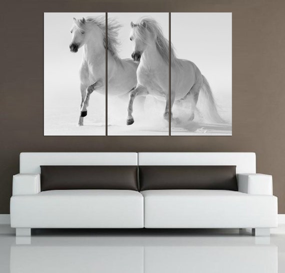 3 Panel split Black and white horse Canvas Print. Riding