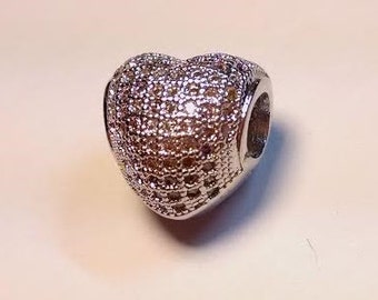 1 Silver Pave Heart European Bead Charm Fits Charm Bracelet Fashion Jewelry Austrian Crystals - 14B