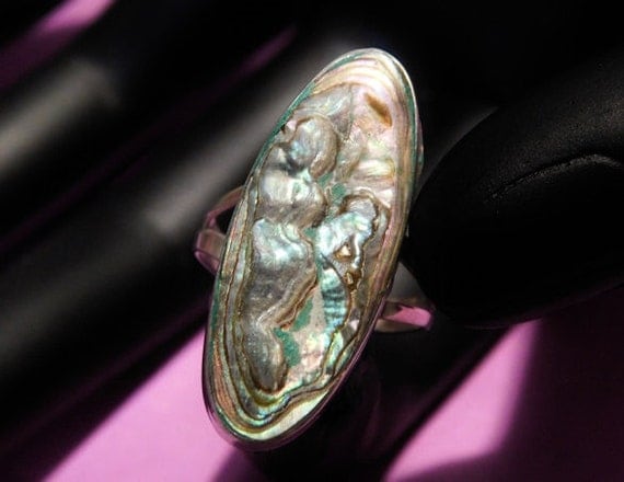 TAXCO Mexico Abalone Ring Silver 1960s Mid Century Vintage Ring Mexican Silver Artisan Hand Crafted Size 5 Five Ring Elongated Abalone Shell
