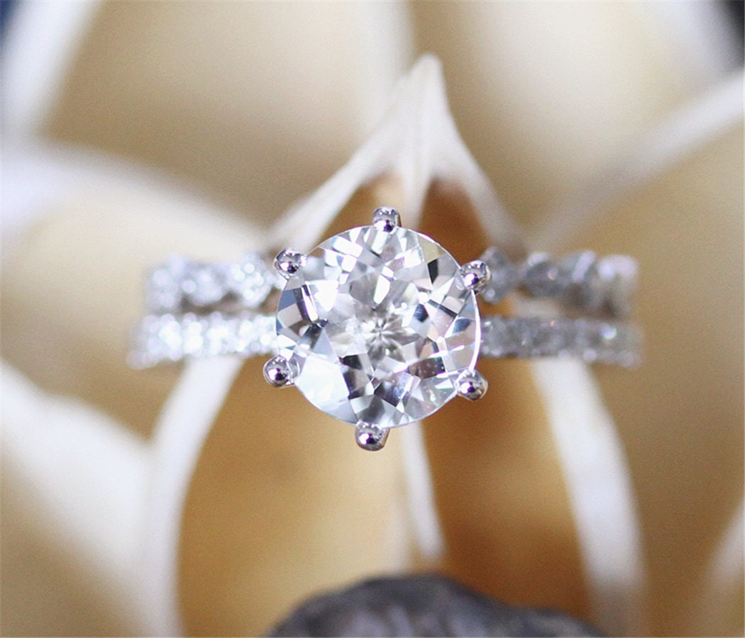 14K White Gold Topaz Ring Set7mm Round Cut White Topaz