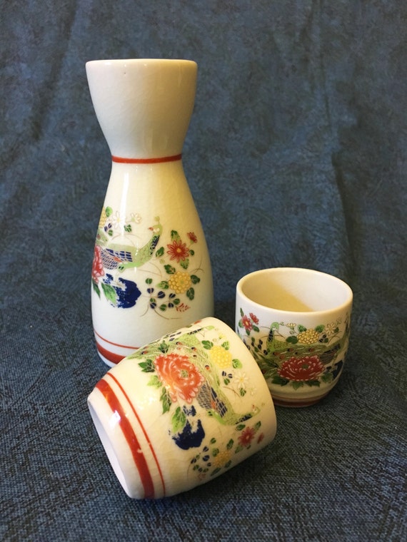 Vintage Peacock Sake Set Made in Japan
