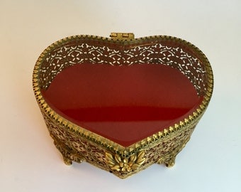 Vintage Jewelry Box; Matson 24K Gold Plated Metal Heart Shaped Jewelry Box; Ornate Filigree Jewelry Box; Heart Shaped Jewelry Box