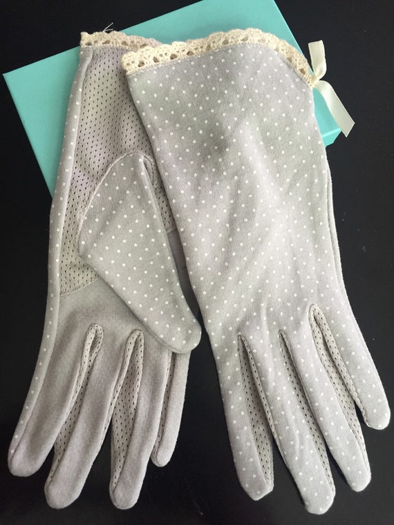 Items similar to Gray and white polka dot Women's Gloves, Sunscreen Gloves, Tea Party Gloves