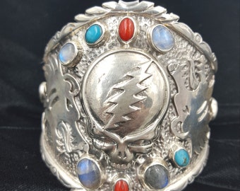 Sterling Silver Hand Made Grateful Dead Steal Your Face Gem Encrusted Turquoise Coral Moonstone Labradorite Tribal Bear Bold Cuff Bracelet