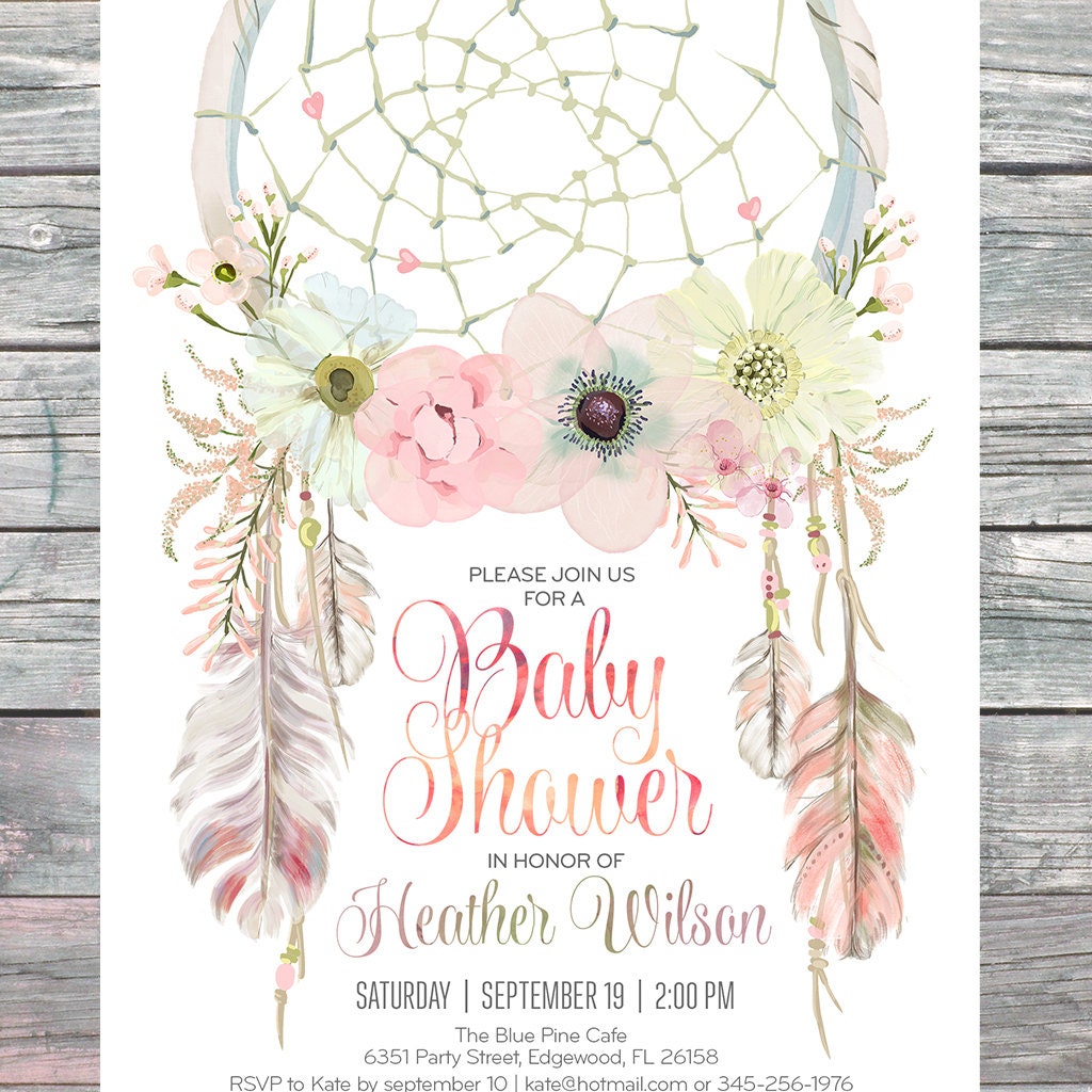 Dreamcatcher boho baby shower invitation. Digital printable