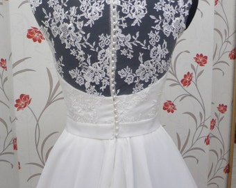 Vintage Inspired Wedding Dress with Lace Corset, Illusion Lace Neckline, Close Lace Back, Sweetheart, Belt with Bowtie, Chiffon Skirt