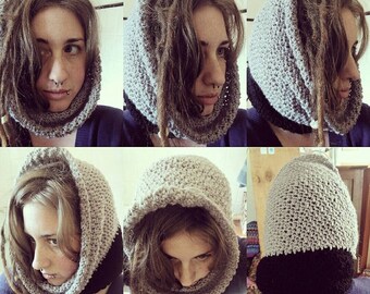 Wool black and grey hoody Cowl dreadlocks headband dread hat