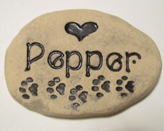 Small Personalized Pet memorial stone. Pet's Name, Heart, Paw prints. Pet grave marker, approx 6" wide. Artistic Handmade Engraved Brick