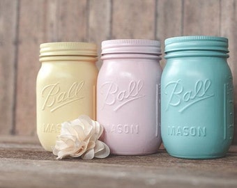 Set of 3 EASTER Pretty Pastel Mason Jars, wedding decor, party decor, centerpeices, distressed mason jars