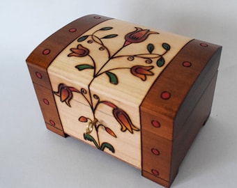 Handmade Wooden Chest/Jewellery Box/Keepsake Box/ Box with Tulip/ Lockable Wooden Chest/ Carved wooden box