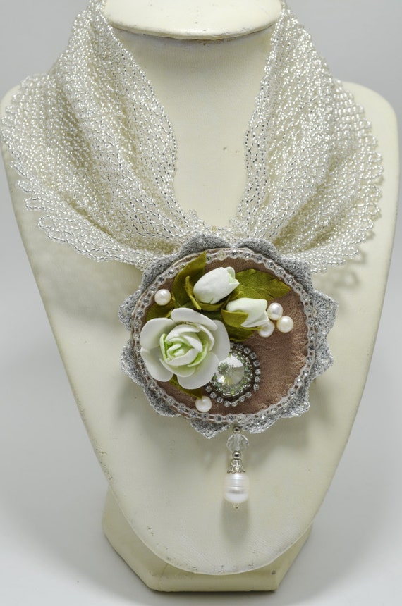 Silver Seed Beads Statement Wedding Necklace with Rose