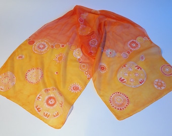 Handpainted mandala silk scarf in orange