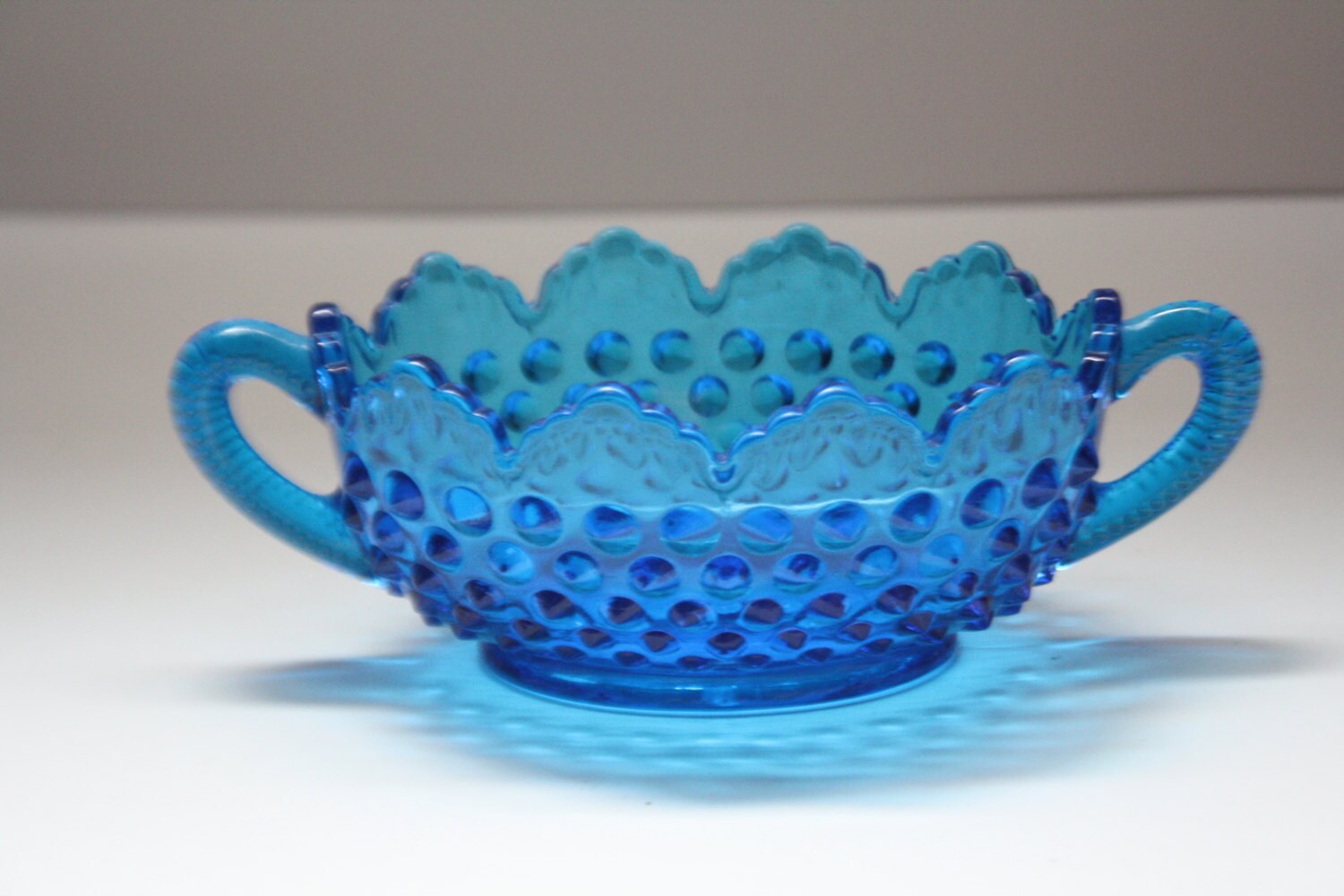 Vintage Fenton Hobnail Blue Glass Candy Dish with Scalloped