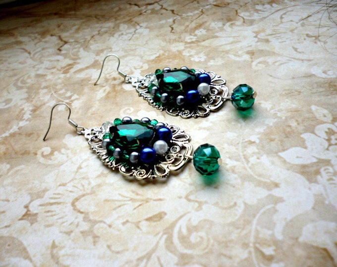 Baroque Emerald Crystals Filigree earrings handmade vintage long earrings Renaissance earrings earrings gift Green crystal earrings