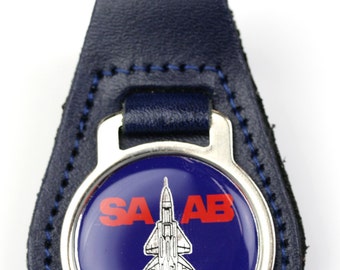 SAAB 900 Fighter Round Blue Leather Keyfob Keyring (Underside)