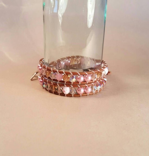 Items similar to Pink Beaded Leather Wrap Bracelet with awareness